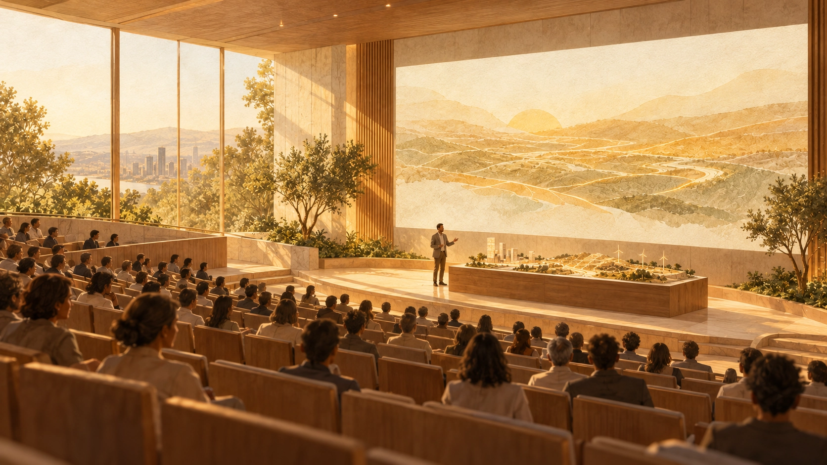 Exposición en un auditorio ante una escena arquitectónica iluminada.