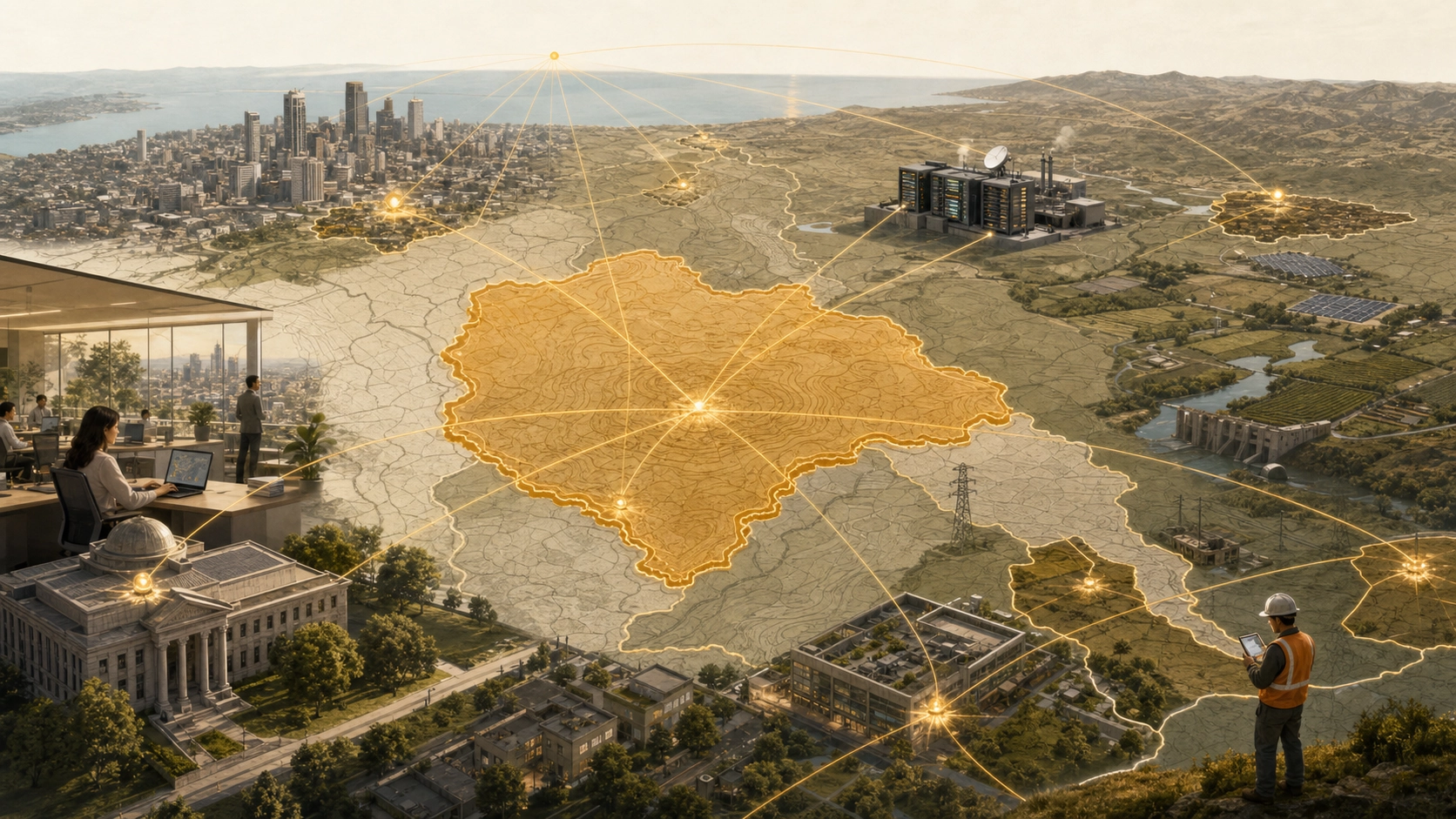 Territorio regional con ciudades e infraestructura conectadas bajo la luz de Sunia.
